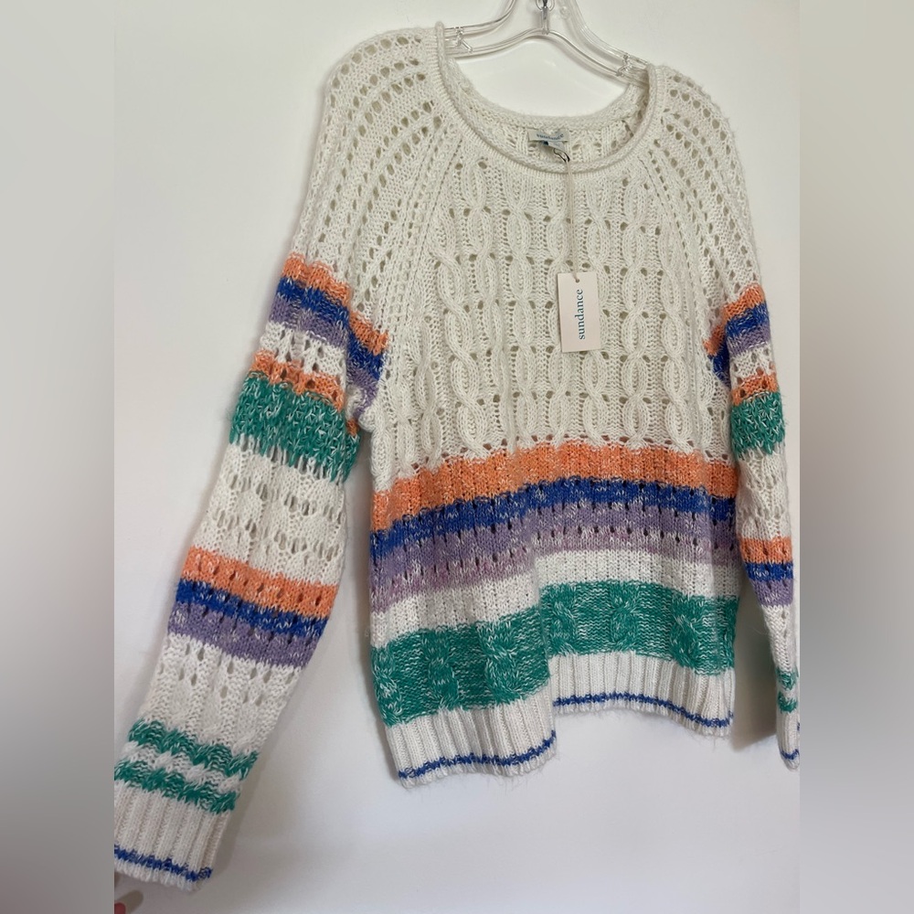 NWT Sundance Sweater Large Cotton wool Cream stripes Cable knit Catalog spring - Picture 3 of 12